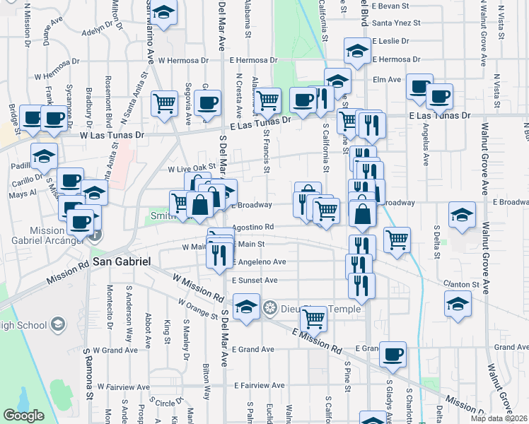 map of restaurants, bars, coffee shops, grocery stores, and more near 305 Agostino Road in San Gabriel