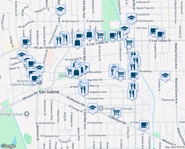 map of restaurants, bars, coffee shops, grocery stores, and more near 201 Agostino Road in San Gabriel