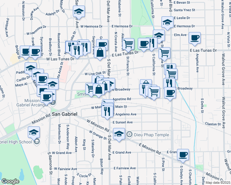 map of restaurants, bars, coffee shops, grocery stores, and more near 326a South Del Mar Avenue in San Gabriel