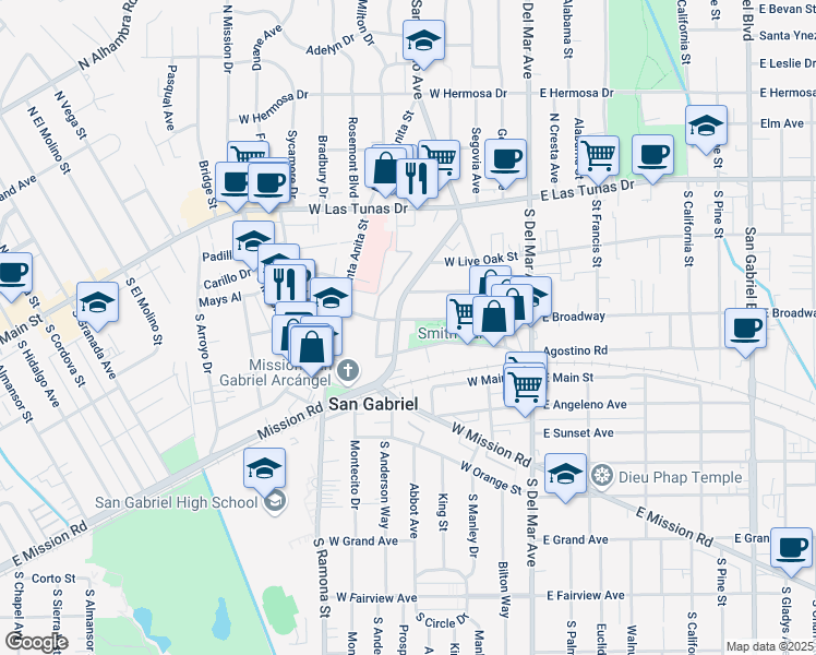 map of restaurants, bars, coffee shops, grocery stores, and more near 320 Clary Avenue in San Gabriel