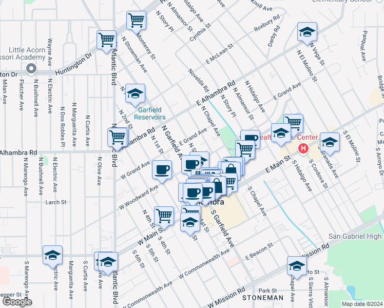 map of restaurants, bars, coffee shops, grocery stores, and more near 301 North Stoneman Avenue in Alhambra
