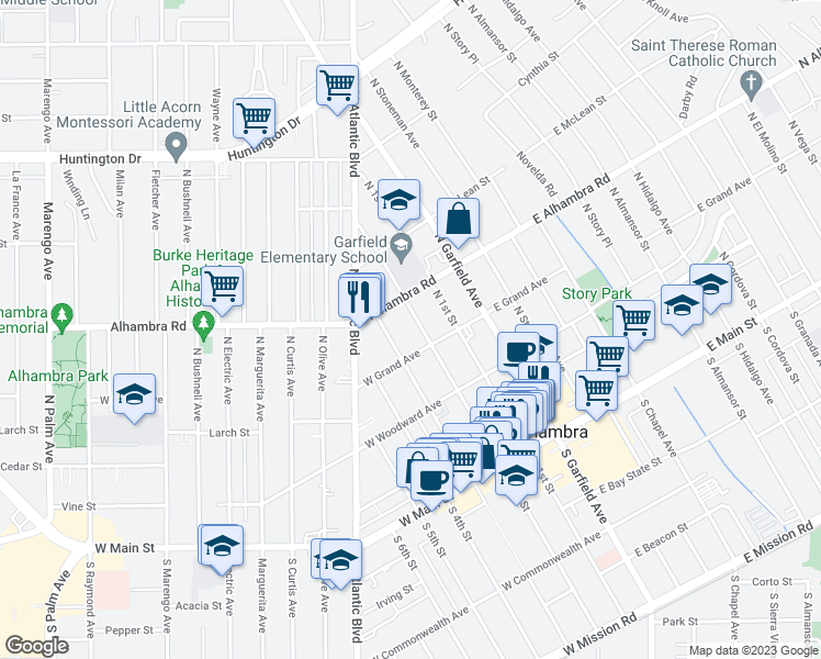 map of restaurants, bars, coffee shops, grocery stores, and more near 217 West Grand Avenue in Alhambra