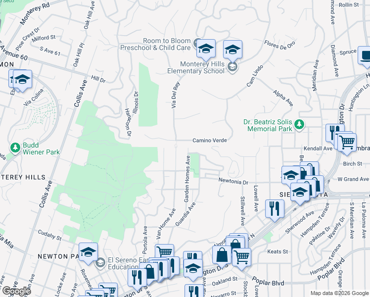 map of restaurants, bars, coffee shops, grocery stores, and more near 4433 Garden Homes Avenue in Los Angeles