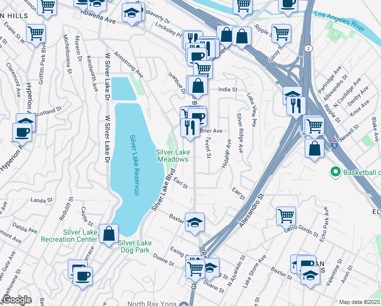 map of restaurants, bars, coffee shops, grocery stores, and more near 2336 Edgewater Terrace in Los Angeles