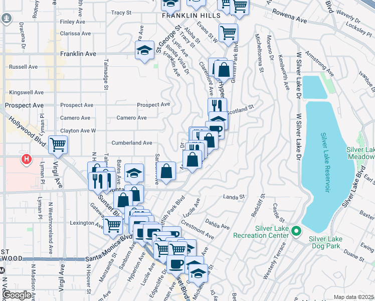 map of restaurants, bars, coffee shops, grocery stores, and more near 3807 Sunset Drive in Los Angeles