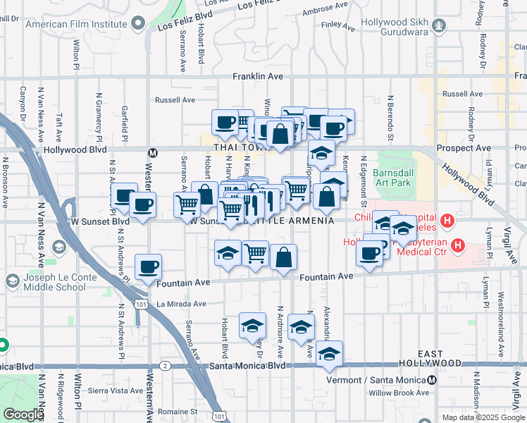 map of restaurants, bars, coffee shops, grocery stores, and more near 5140 Sunset Boulevard in Los Angeles