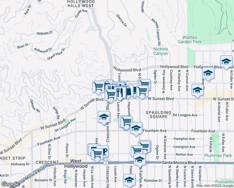 map of restaurants, bars, coffee shops, grocery stores, and more near 8033 Sunset Boulevard in Los Angeles