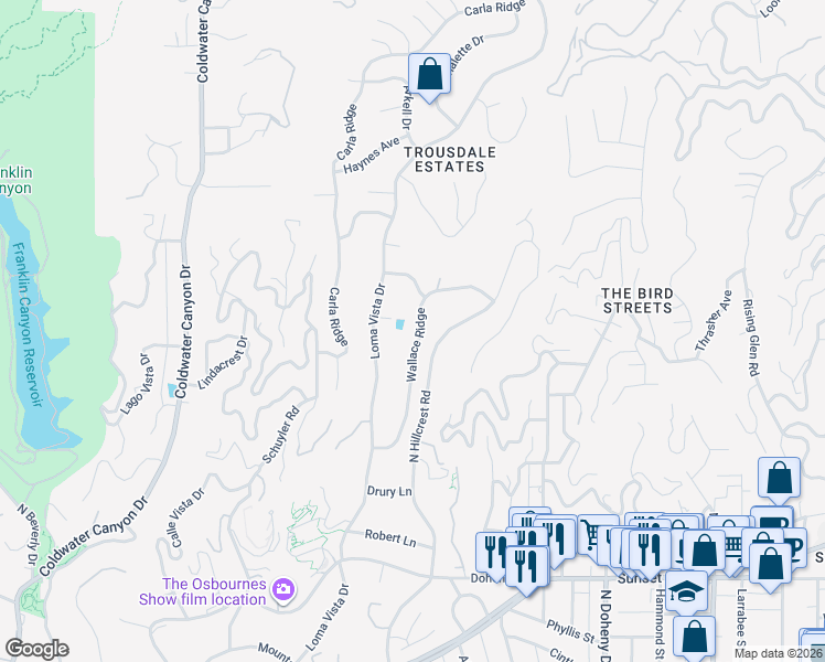 map of restaurants, bars, coffee shops, grocery stores, and more near 1051 Wallace Ridge in Beverly Hills