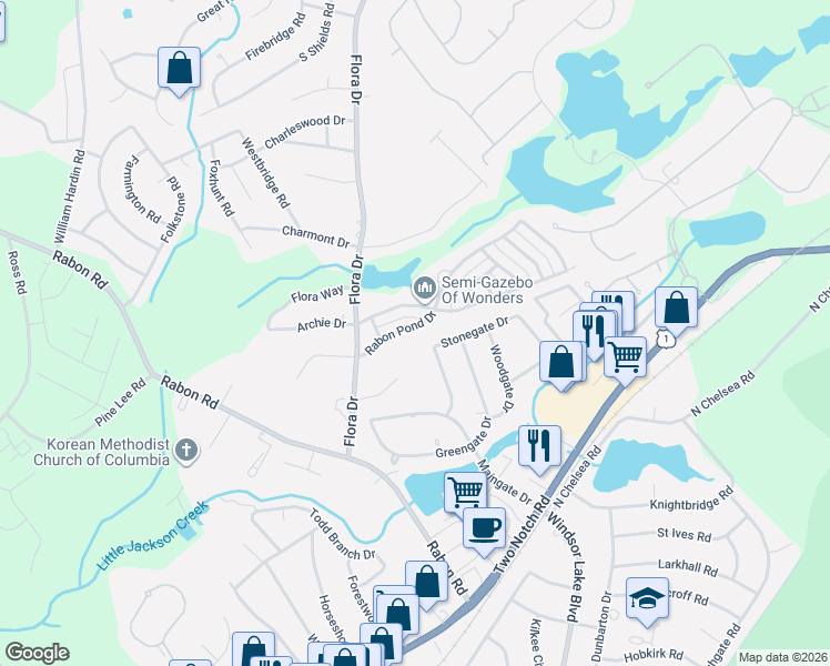 map of restaurants, bars, coffee shops, grocery stores, and more near 129 Stonegate Drive in Columbia