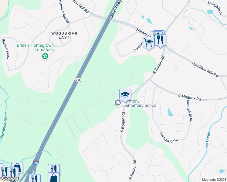 map of restaurants, bars, coffee shops, grocery stores, and more near 2346 East Maddox Road in Buford