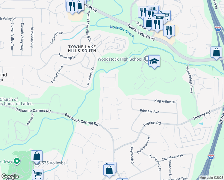 map of restaurants, bars, coffee shops, grocery stores, and more near 428 Hearthstone Way in Woodstock