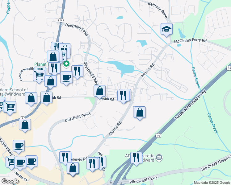 map of restaurants, bars, coffee shops, grocery stores, and more near 3344 Twinrose Place in Milton