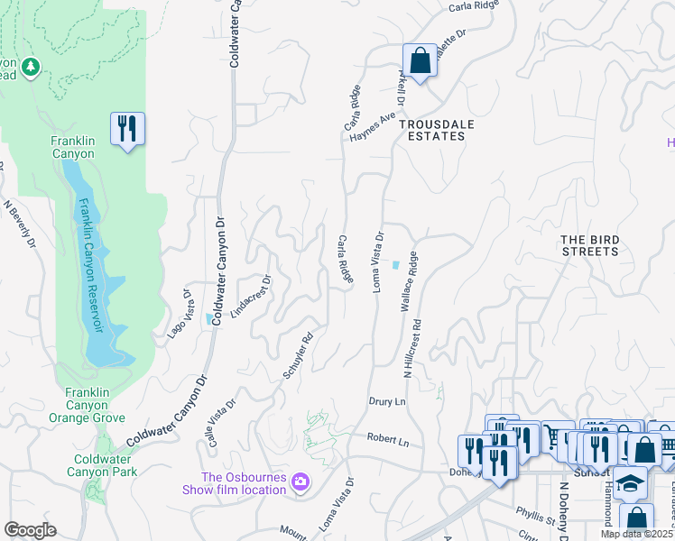 map of restaurants, bars, coffee shops, grocery stores, and more near 1469 Carla Ridge in Beverly Hills