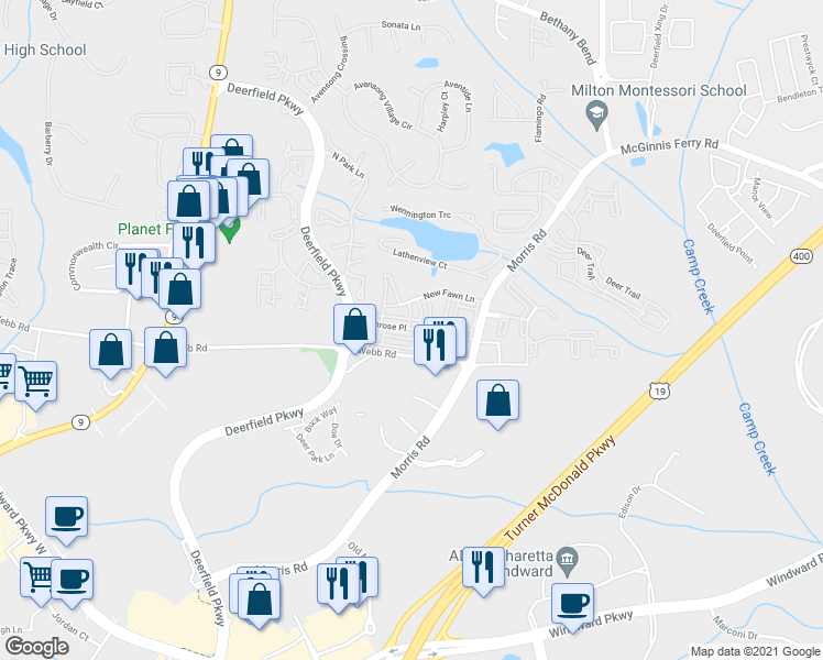 map of restaurants, bars, coffee shops, grocery stores, and more near 3400 Twinrose Place in Alpharetta