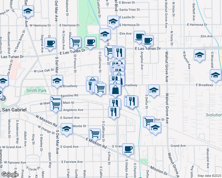 map of restaurants, bars, coffee shops, grocery stores, and more near 707 Agostino Road in San Gabriel