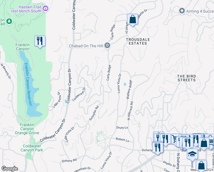 map of restaurants, bars, coffee shops, grocery stores, and more near 1469 Carla Ridge in Beverly Hills