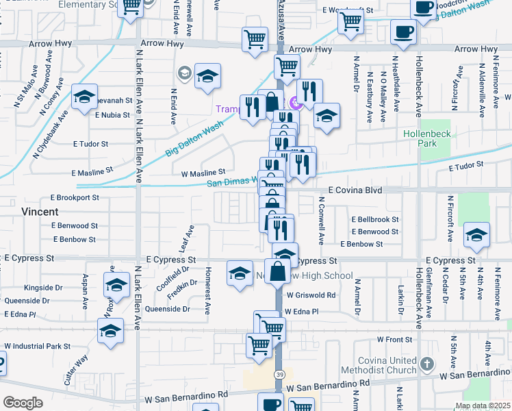 map of restaurants, bars, coffee shops, grocery stores, and more near 1045 North Azusa Avenue in Covina