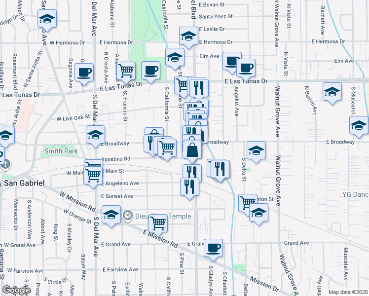 map of restaurants, bars, coffee shops, grocery stores, and more near 312 South Pine Street in San Gabriel