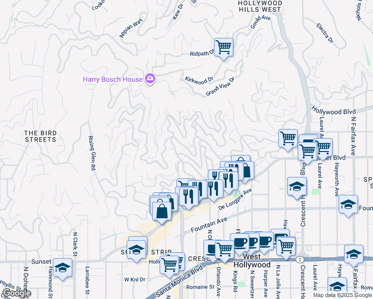 map of restaurants, bars, coffee shops, grocery stores, and more near 8566 Hollywood Boulevard in Los Angeles