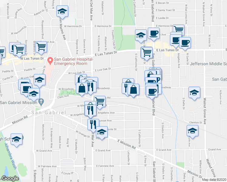 map of restaurants, bars, coffee shops, grocery stores, and more near 302 East Broadway in San Gabriel