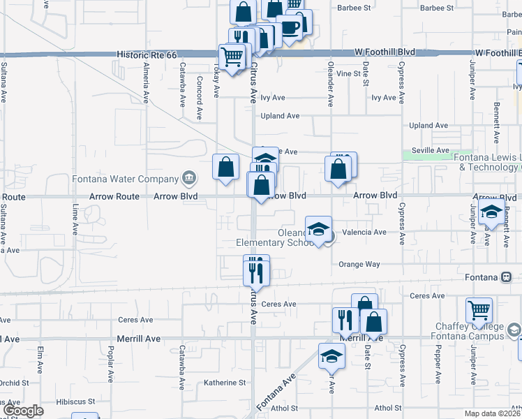 map of restaurants, bars, coffee shops, grocery stores, and more near 8515 Citrus Avenue in Fontana