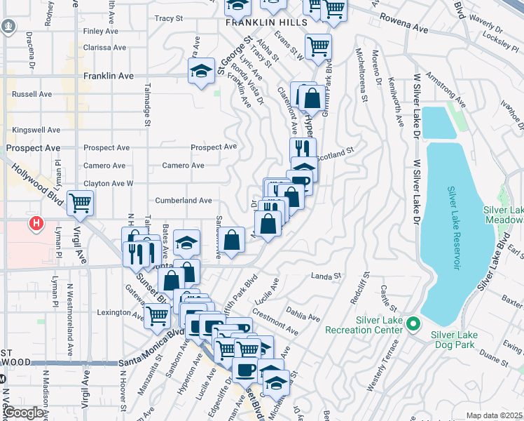 map of restaurants, bars, coffee shops, grocery stores, and more near 3807 Sunset Drive in Los Angeles