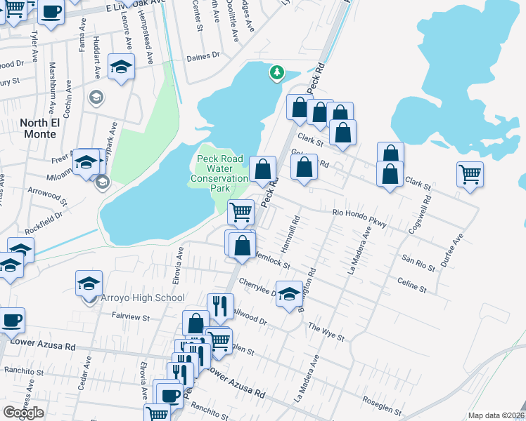 map of restaurants, bars, coffee shops, grocery stores, and more near 5334 North Peck Road in El Monte
