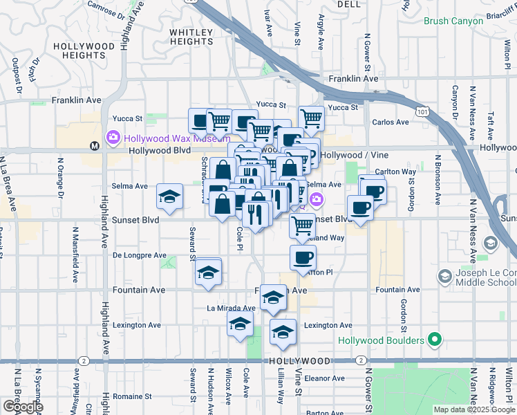 map of restaurants, bars, coffee shops, grocery stores, and more near in Los Angeles