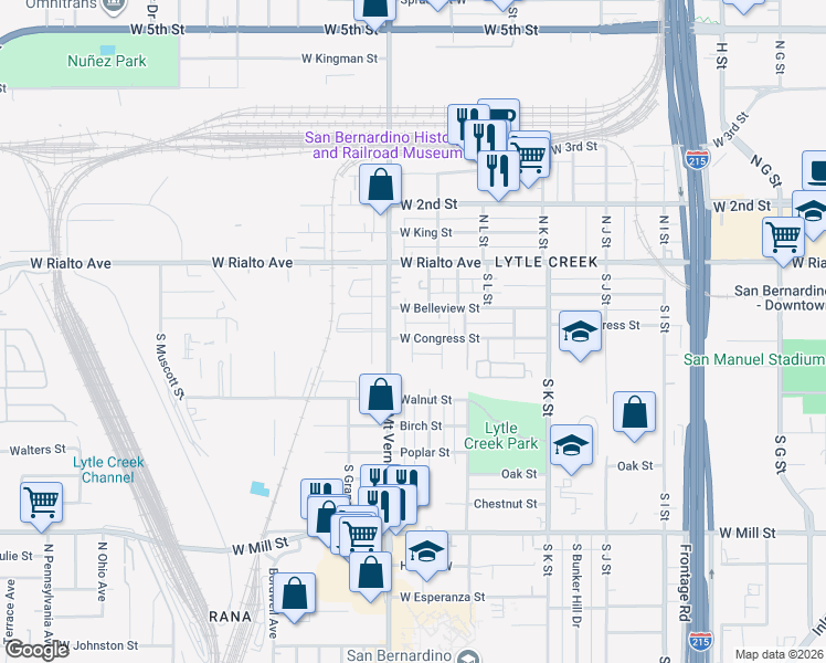 map of restaurants, bars, coffee shops, grocery stores, and more near 1272 West Congress Street in San Bernardino