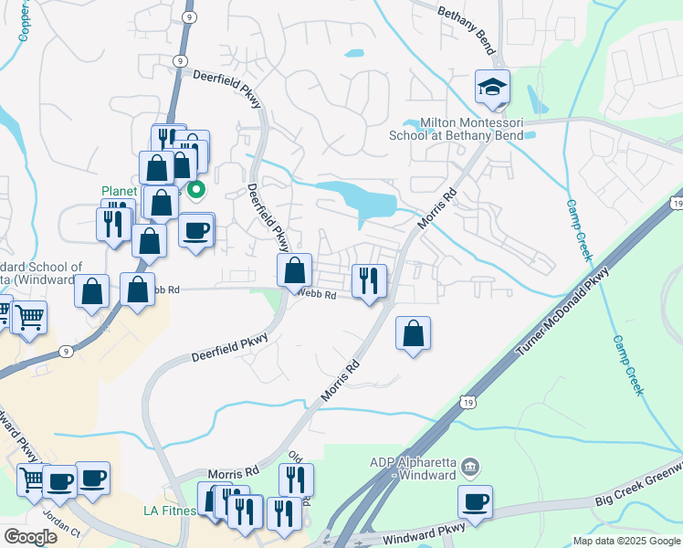 map of restaurants, bars, coffee shops, grocery stores, and more near 3356 Twinrose Place in Milton