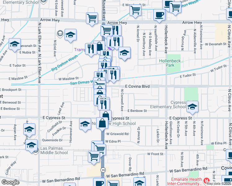 map of restaurants, bars, coffee shops, grocery stores, and more near 1036 North La Breda in Covina