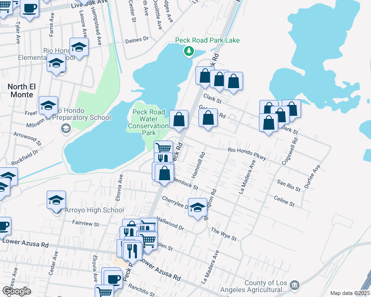 map of restaurants, bars, coffee shops, grocery stores, and more near 5320 Peck Road in El Monte