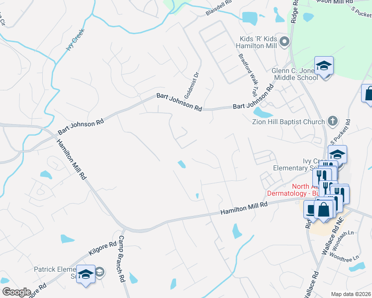 map of restaurants, bars, coffee shops, grocery stores, and more near 3570 Bogan Mill Road Northeast in Buford