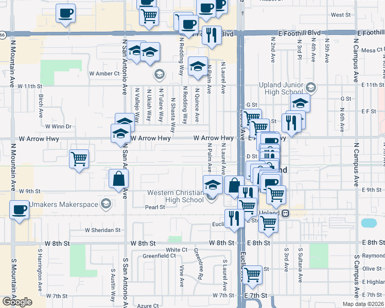 map of restaurants, bars, coffee shops, grocery stores, and more near 343 West Vernon Drive in Upland