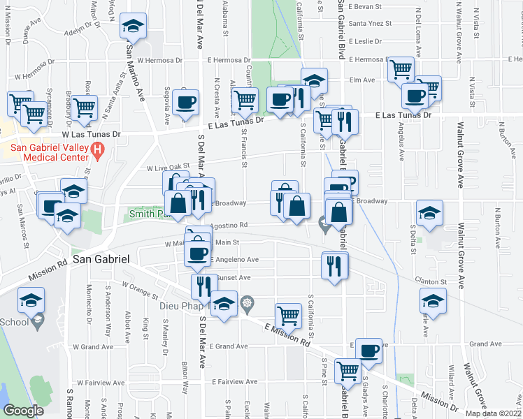 map of restaurants, bars, coffee shops, grocery stores, and more near 305 Agostino Road in San Gabriel