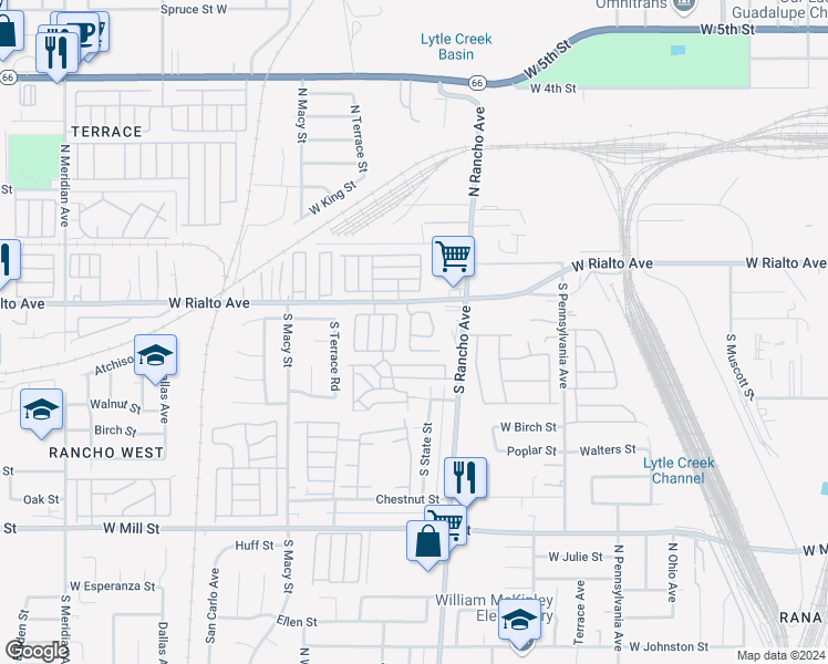 map of restaurants, bars, coffee shops, grocery stores, and more near 2075 West Rialto Avenue in San Bernardino