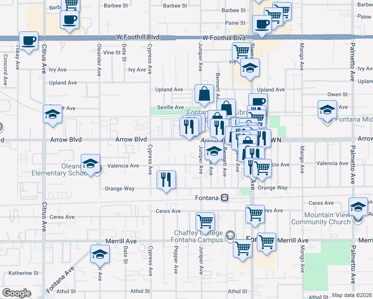 map of restaurants, bars, coffee shops, grocery stores, and more near 16635 Arrow Boulevard in Fontana