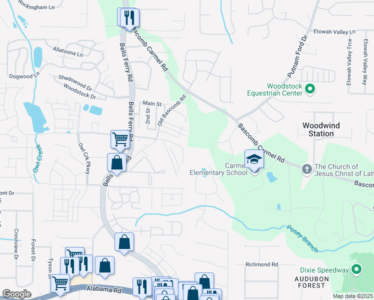 map of restaurants, bars, coffee shops, grocery stores, and more near 157 Linton Drive in Acworth