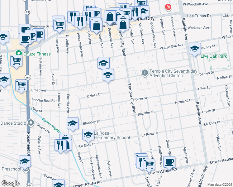 map of restaurants, bars, coffee shops, grocery stores, and more near 9521 Nadine Street in Temple City