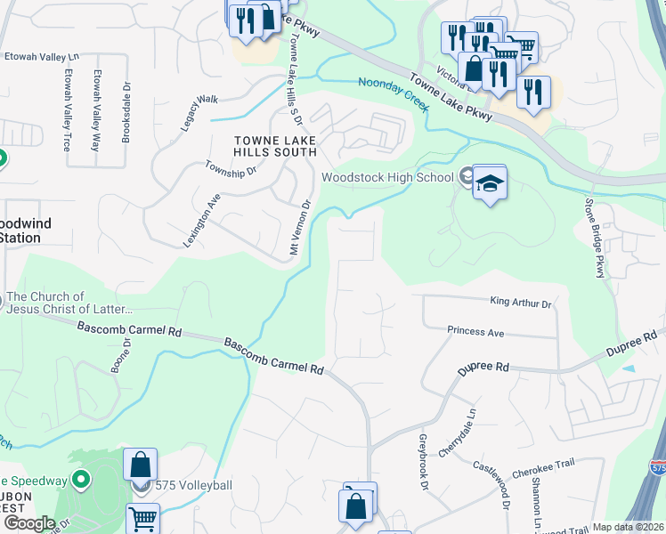 map of restaurants, bars, coffee shops, grocery stores, and more near 425 Hearthstone Way in Woodstock