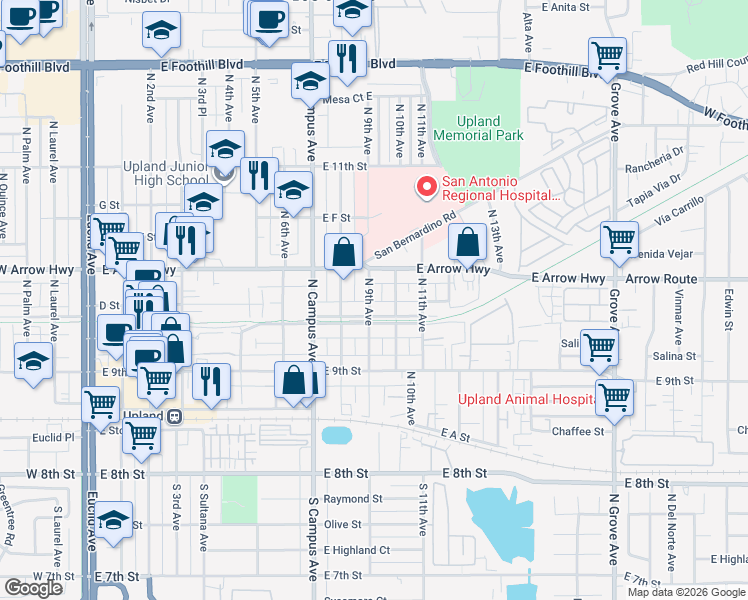 map of restaurants, bars, coffee shops, grocery stores, and more near 380 North 9th Avenue in Upland