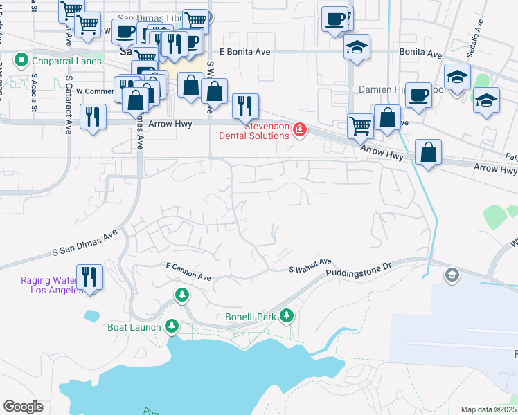 map of restaurants, bars, coffee shops, grocery stores, and more near 402 De Anza Heights Drive in San Dimas