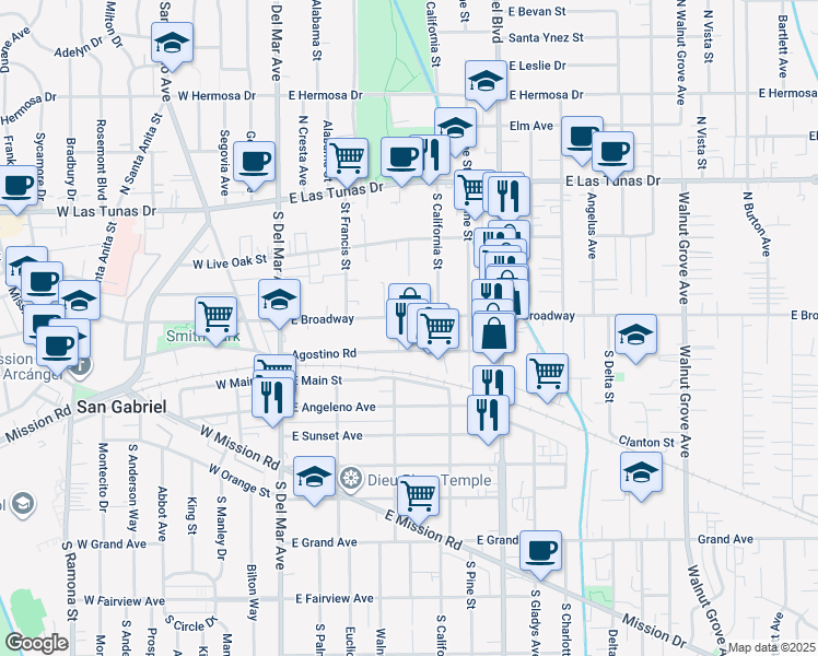 map of restaurants, bars, coffee shops, grocery stores, and more near 420 East Broadway in San Gabriel