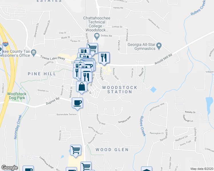 map of restaurants, bars, coffee shops, grocery stores, and more near 443 Latimer Street in Woodstock
