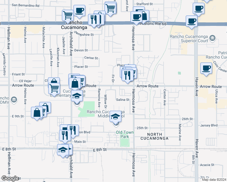 map of restaurants, bars, coffee shops, grocery stores, and more near 8534 Club House Drive in Rancho Cucamonga