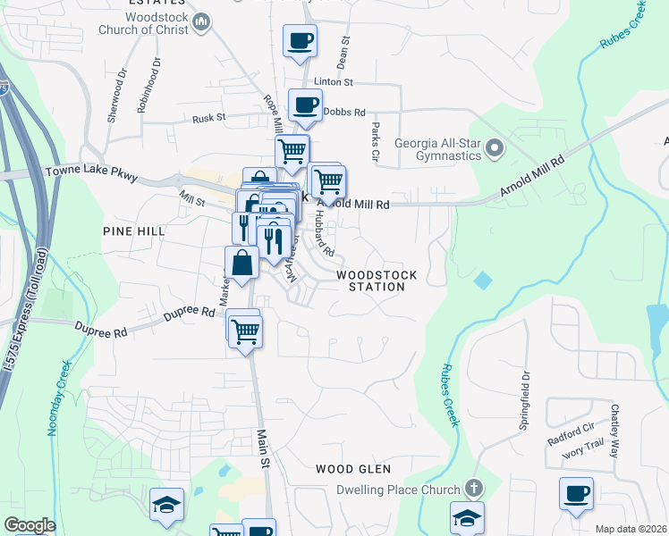 map of restaurants, bars, coffee shops, grocery stores, and more near 441 Latimer Street in Woodstock
