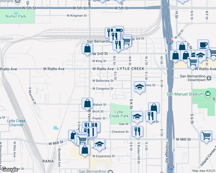 map of restaurants, bars, coffee shops, grocery stores, and more near 192 South Eureka Avenue in San Bernardino