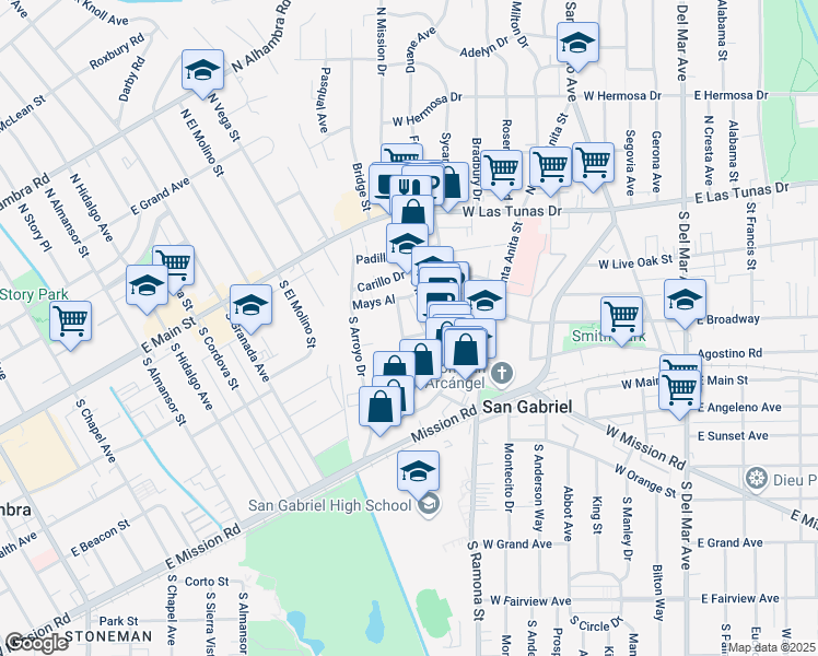 map of restaurants, bars, coffee shops, grocery stores, and more near 270 San Marcos Street in San Gabriel