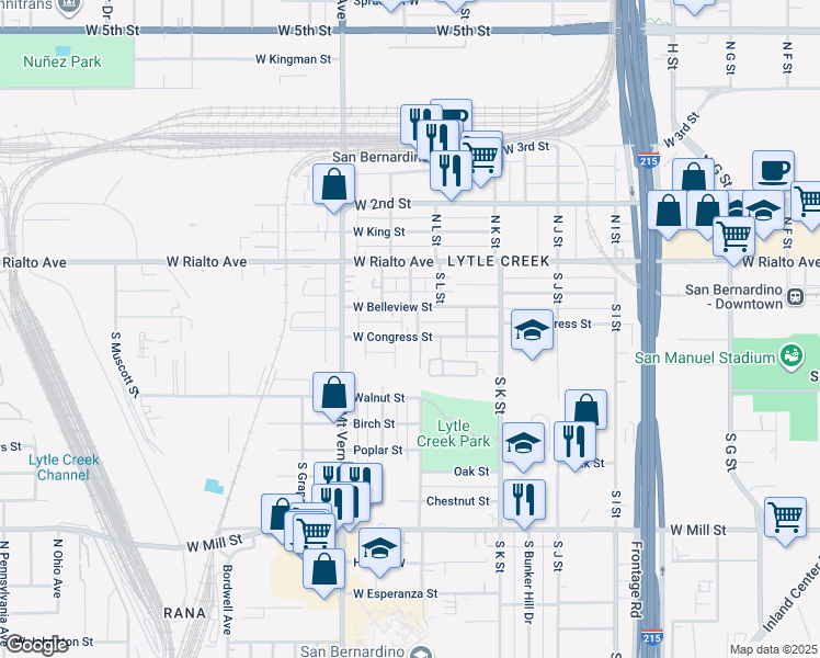 map of restaurants, bars, coffee shops, grocery stores, and more near 192 South Eureka Avenue in San Bernardino