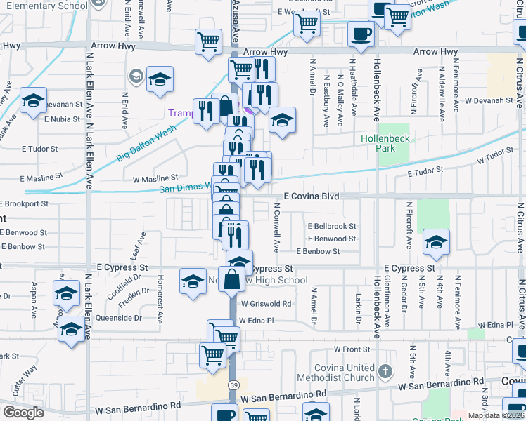 map of restaurants, bars, coffee shops, grocery stores, and more near 1072 North La Breda in Covina